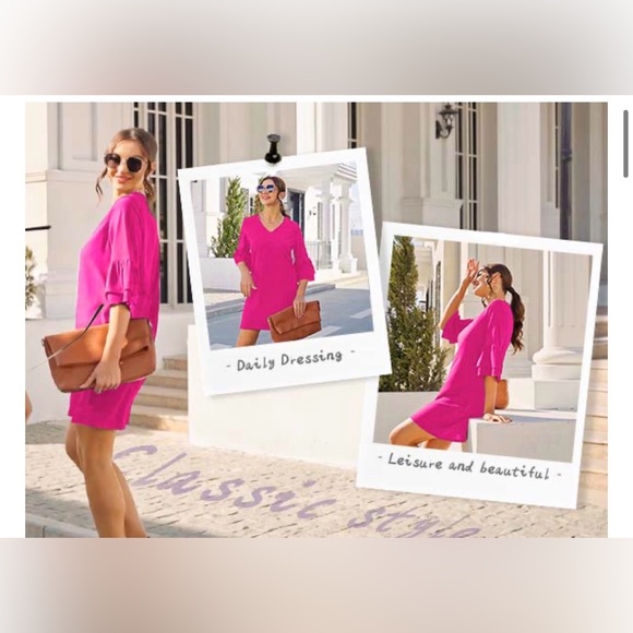 NEW BELONGSCI 3/4 Bell Sleeve Casual V-Neck Shift Dress Mini Dress XL - Picture 11 of 11